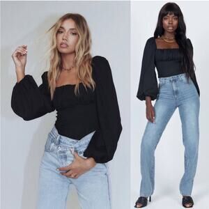 Princess Polly Laura Bodysuit Black Puff Long Sleeve Square Neck